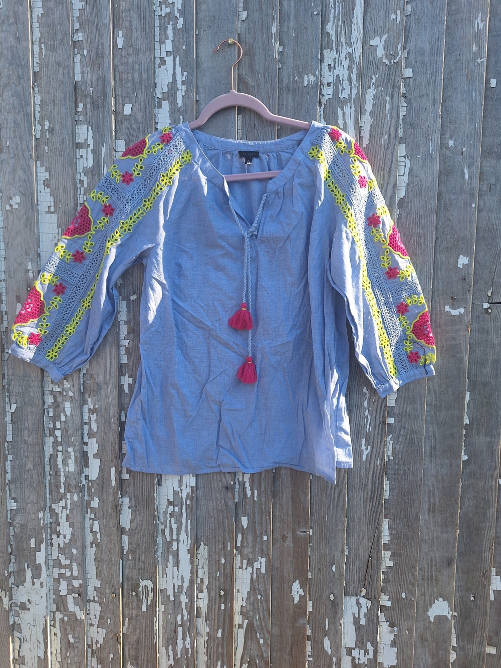 Talbots Light Blue Peasant Top with Pink & Neon Yellow Embroidery Size Medium